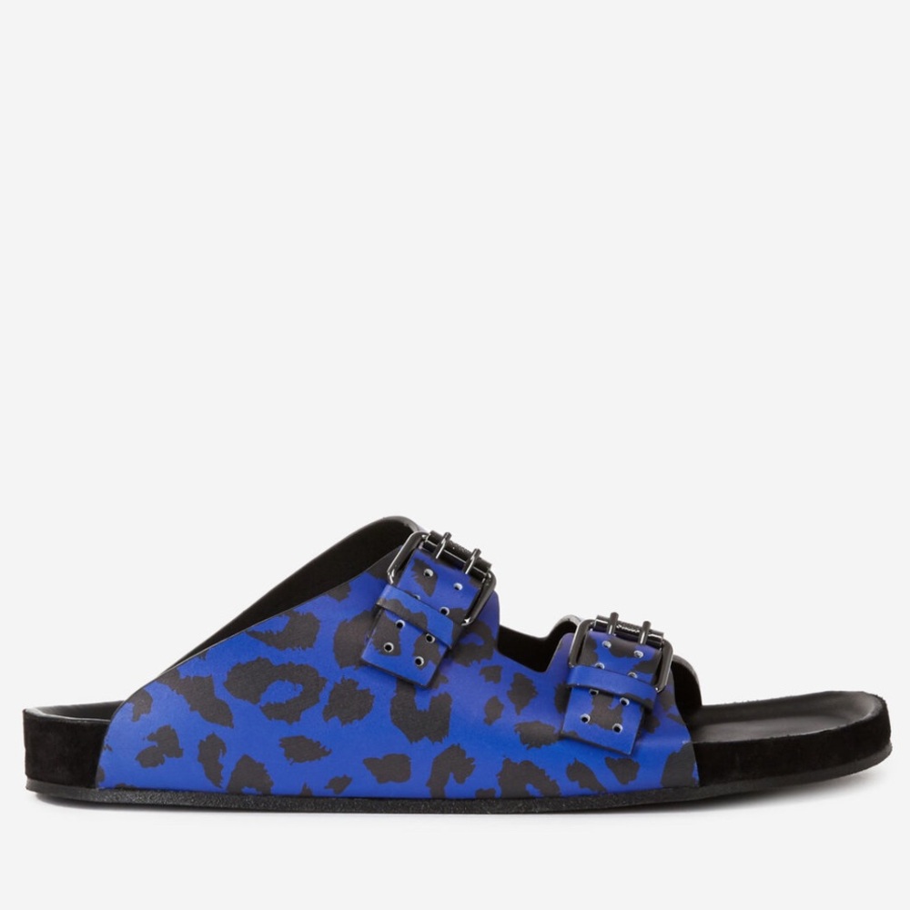 Ladies The Kooples Blue Leopard Animal Print Leather Slide Sandals EU 41 NWT